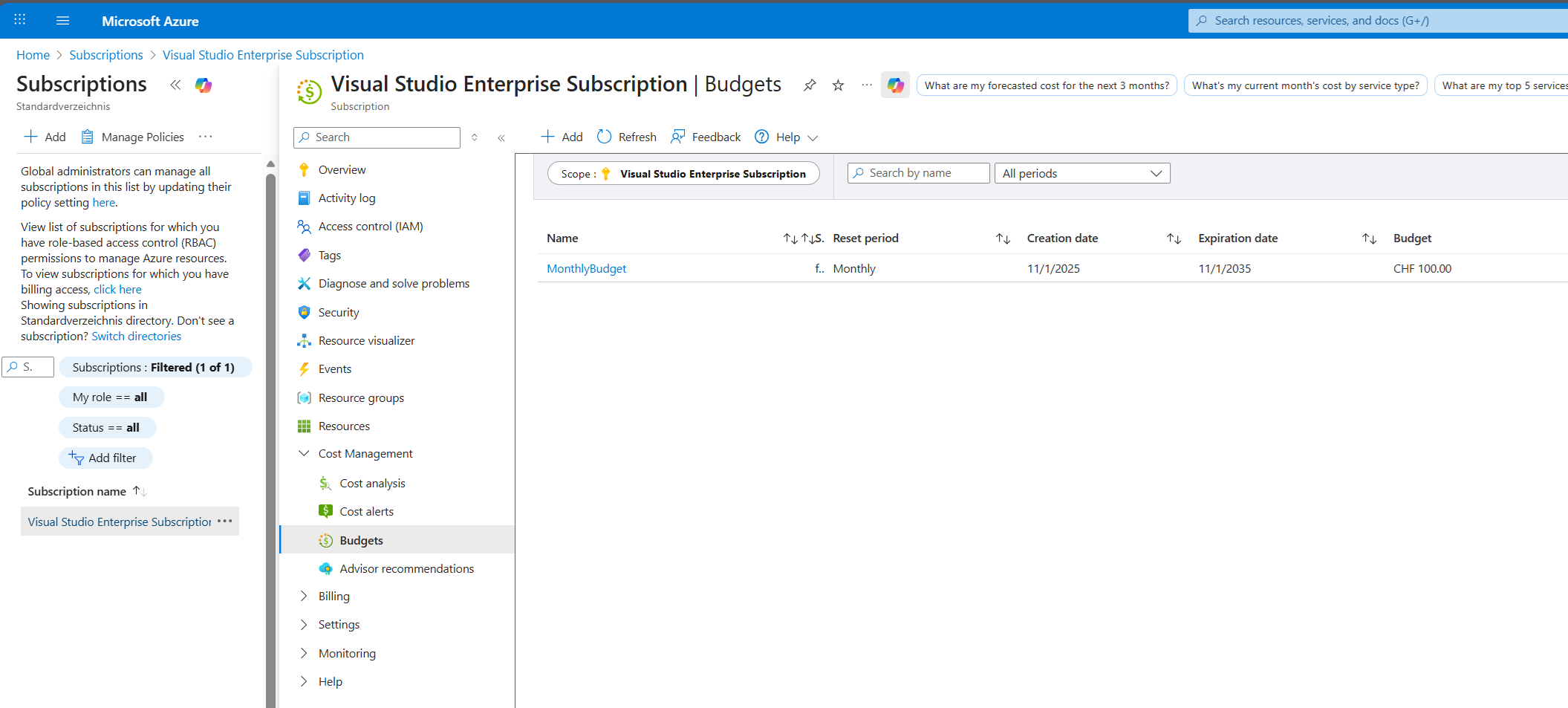 Budget set after bicep successful execution