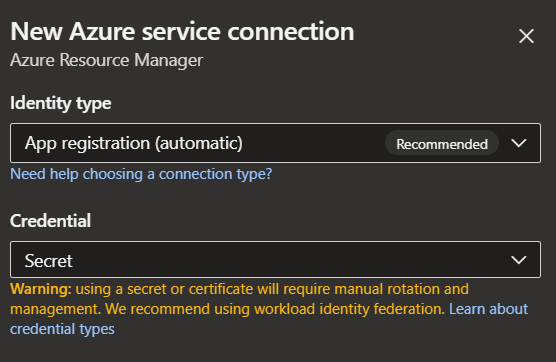 Service Connection with App Registration and Secret